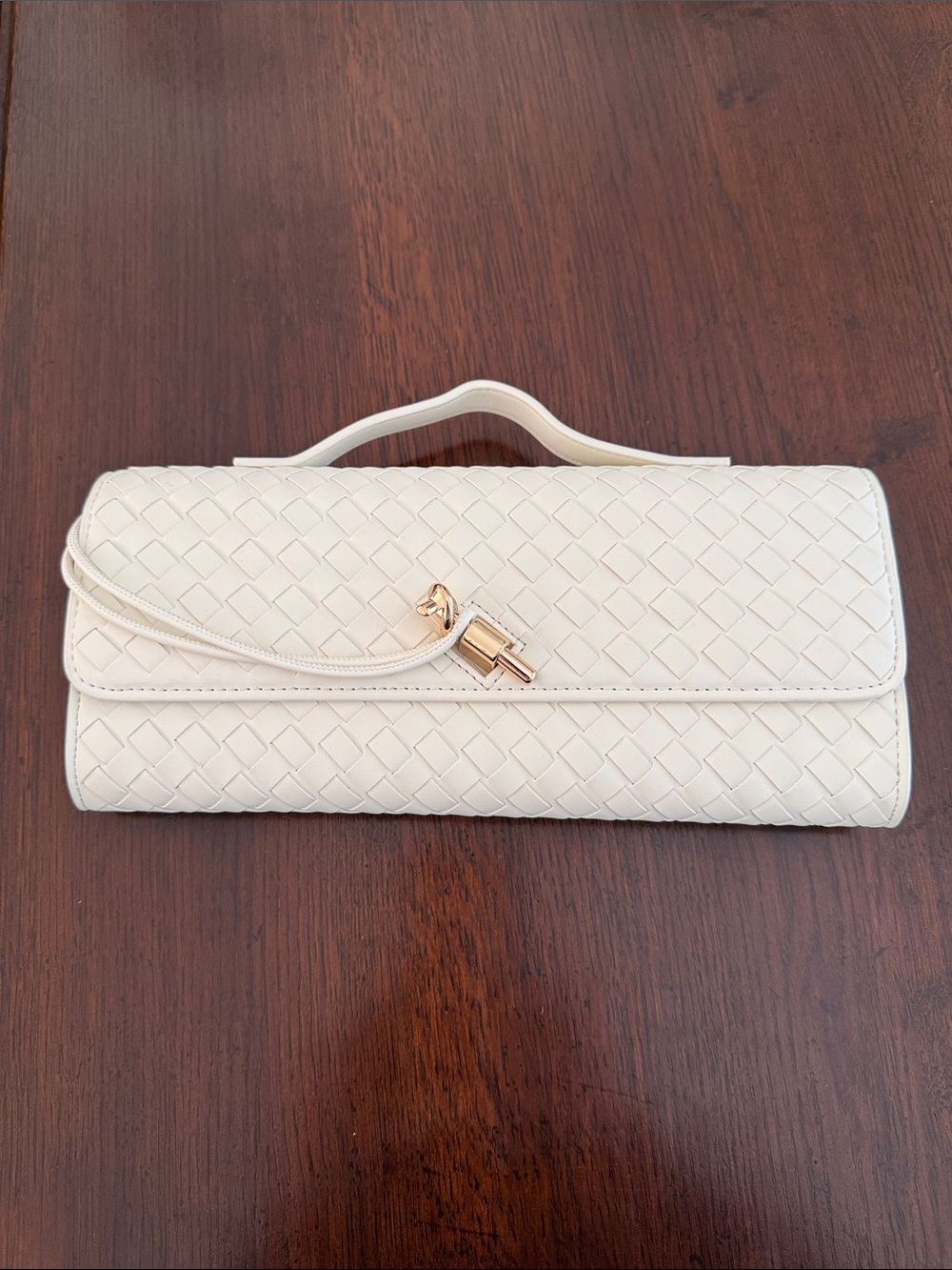 Woven Cream Leather Clutch with Top Handle and Gold-Tone Accent